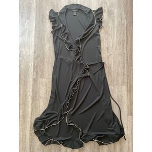 The Limited Black Ruffle Wrap Dress Gold Trim Midi Flutter Sleeve XS